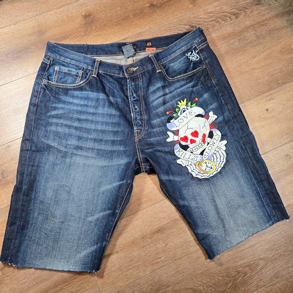 Ed Hardy Cut Off Denim Shorts 42 Blue Skull Love Kills Slowly Y2K 15in Street